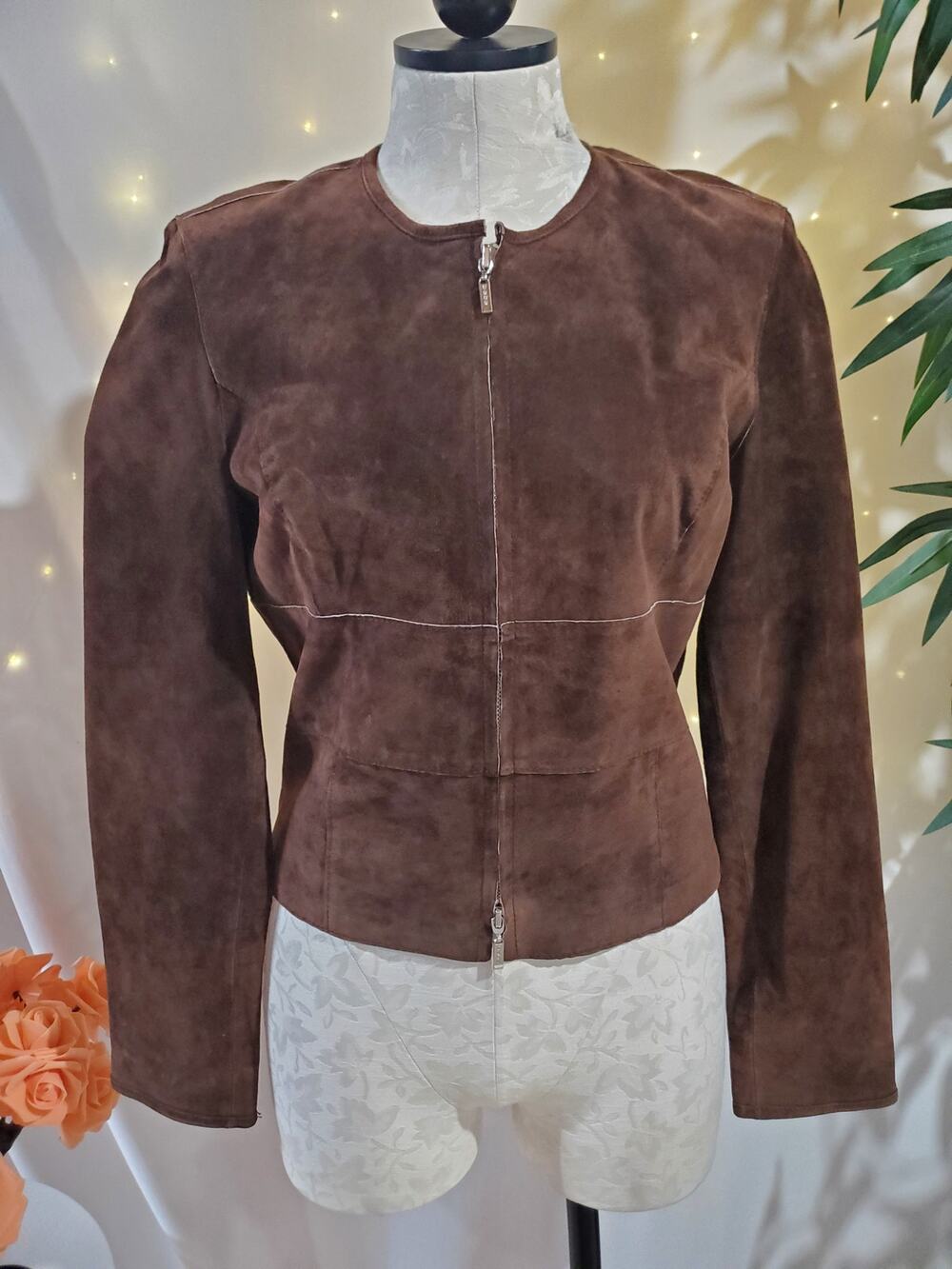 Bebe Vtg Y2K 100% Leather Patchwork Cropped Double Zip Jacket Size M Brown